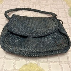 FRYE distressed woven leather crossbody bag, blue, with hints of gray & tan, EUC